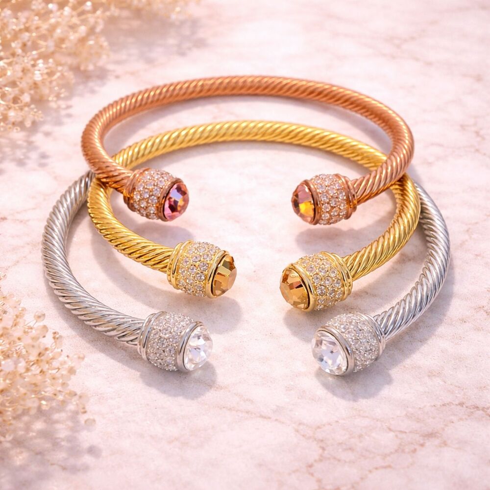 Set of 3 Tri Colored Rhinestone Tipped Cuff Bracelets